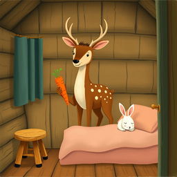 Inside a cozy wooden cabin, a brown spotted deer stands proudly, holding a bright orange carrot in its hoof