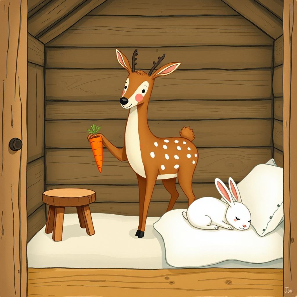 Inside a cozy wooden cabin, a brown spotted deer stands proudly, holding a bright orange carrot in its hoof
