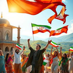 A vibrant and colorful representation of freedom in Iran, featuring traditional Persian architecture and a backdrop of lush green landscapes