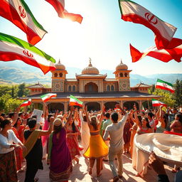 A vibrant and colorful representation of freedom in Iran, featuring traditional Persian architecture and a backdrop of lush green landscapes