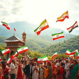 A vibrant and colorful representation of freedom in Iran, featuring traditional Persian architecture and a backdrop of lush green landscapes