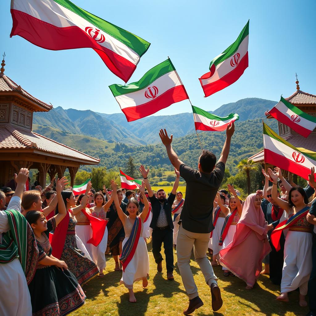 A vibrant and colorful representation of freedom in Iran, featuring traditional Persian architecture and a backdrop of lush green landscapes