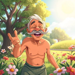 A whimsical and humorous scene featuring a bare old man with a bushy mustache, surrounded by playful cartoonish elements