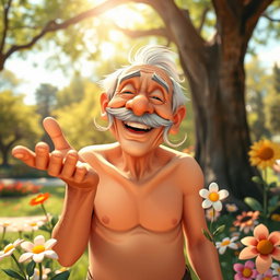 A whimsical and humorous scene featuring a bare old man with a bushy mustache, surrounded by playful cartoonish elements