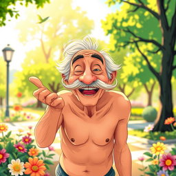A whimsical and humorous scene featuring a bare old man with a bushy mustache, surrounded by playful cartoonish elements