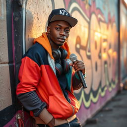A young Angolan rapper, 22 years old, dressed in stylish urban streetwear, featuring a colorful hoodie, trendy sneakers, and a snapback cap