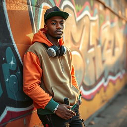 A young Angolan rapper, 22 years old, dressed in stylish urban streetwear, featuring a colorful hoodie, trendy sneakers, and a snapback cap