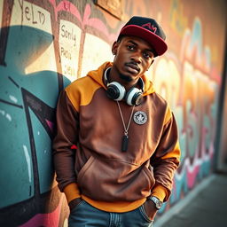 A young Angolan rapper, 22 years old, dressed in stylish urban streetwear, featuring a colorful hoodie, trendy sneakers, and a snapback cap