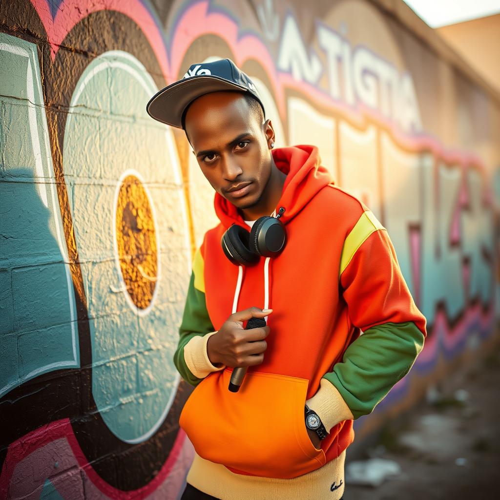 A young Angolan rapper, 22 years old, dressed in stylish urban streetwear, featuring a colorful hoodie, trendy sneakers, and a snapback cap