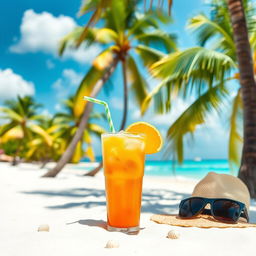 A refreshing fruit juice on a sunny beach, surrounded by tropical palm trees