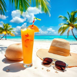 A refreshing fruit juice on a sunny beach, surrounded by tropical palm trees