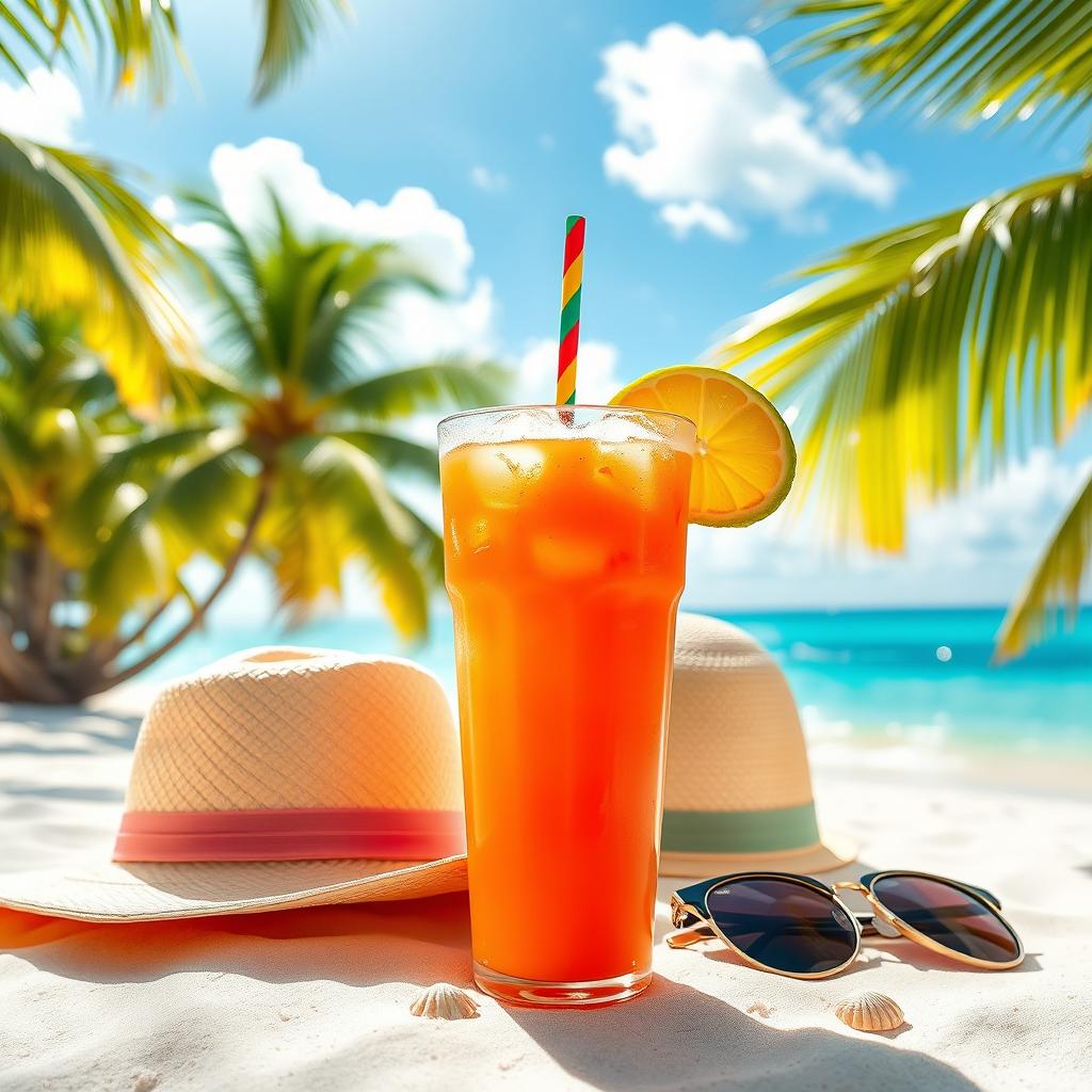 A refreshing fruit juice on a sunny beach, surrounded by tropical palm trees