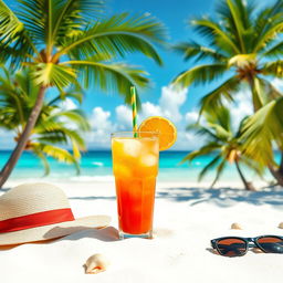 A refreshing fruit juice on a sunny beach, surrounded by tropical palm trees
