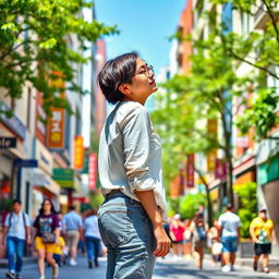 A person standing in a vibrant cityscape, with their body facing forward while their head looks to the left and right, showcasing a sense of curiosity and engagement