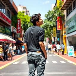 A person standing in a vibrant cityscape, with their body facing forward while their head looks to the left and right, showcasing a sense of curiosity and engagement