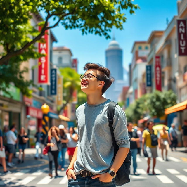 A person standing in a vibrant cityscape, with their body facing forward while their head looks to the left and right, showcasing a sense of curiosity and engagement