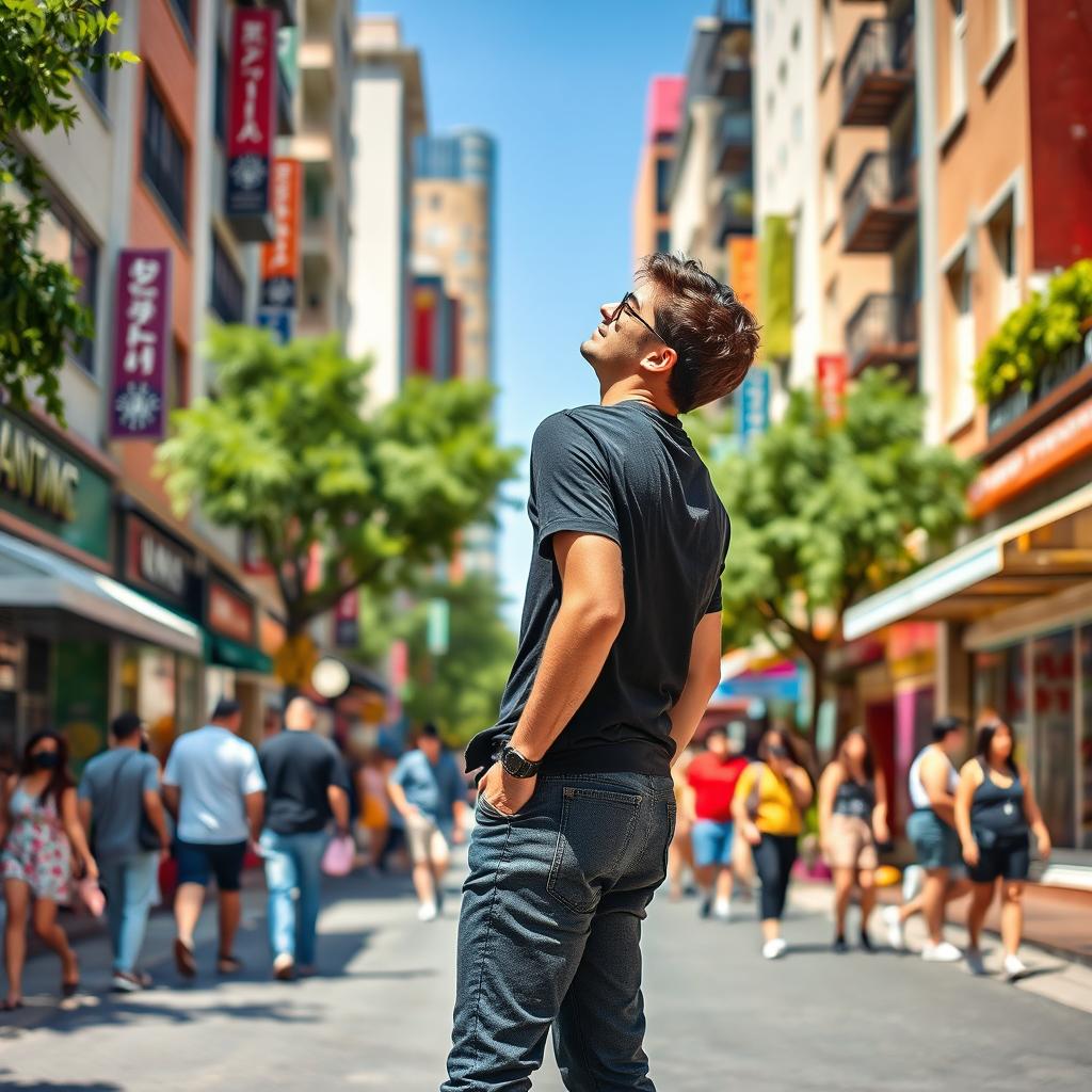 A person standing in a vibrant cityscape, with their body facing forward while their head looks to the left and right, showcasing a sense of curiosity and engagement