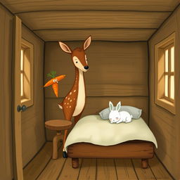 Inside a cozy wooden cabin, a brown spotted deer stands confidently while holding a bright orange carrot in its hoof
