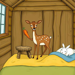 Inside a cozy wooden cabin, a brown spotted deer stands confidently while holding a bright orange carrot in its hoof