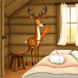 Inside a cozy wooden cabin, a brown spotted deer stands confidently while holding a bright orange carrot in its hoof