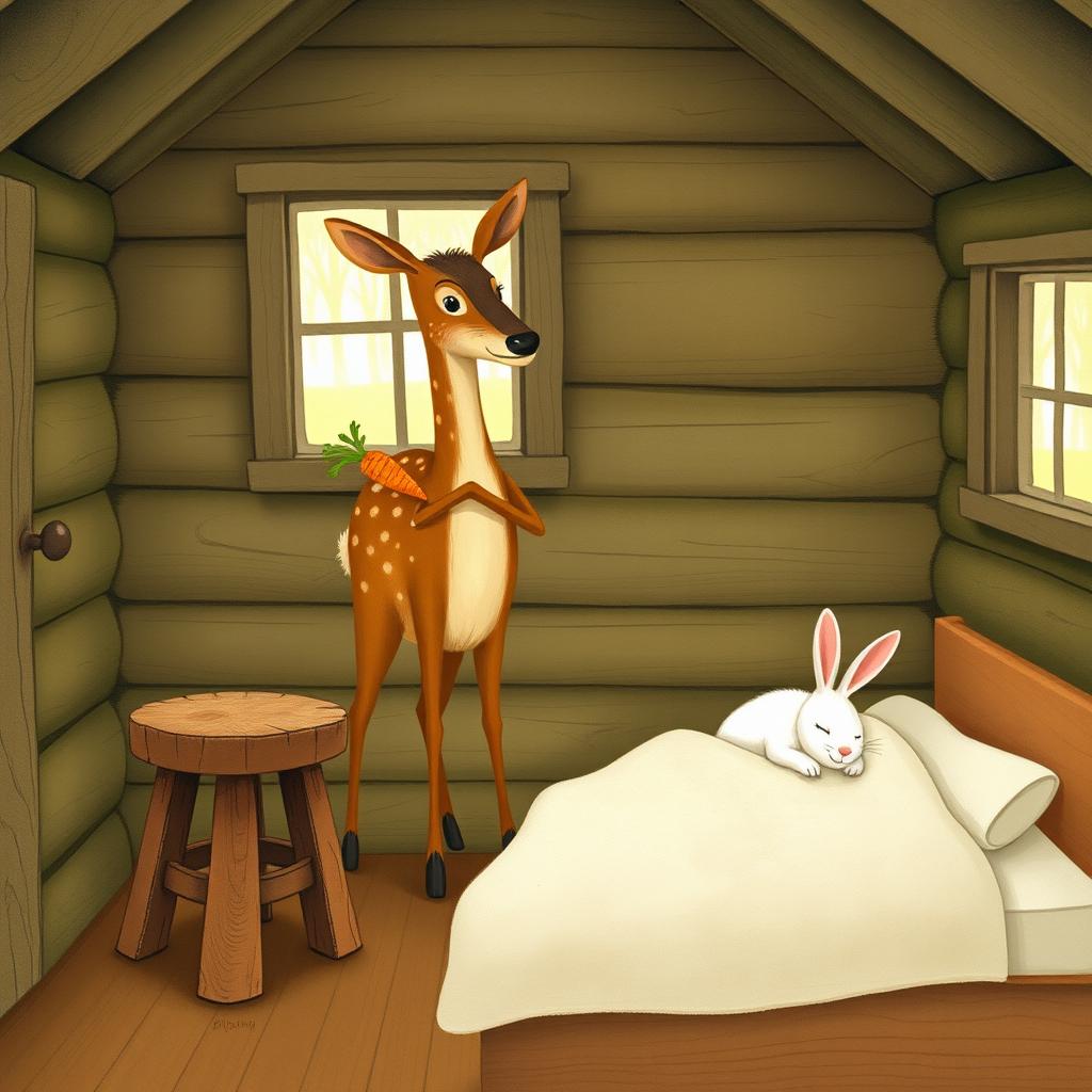 Inside a cozy wooden cabin, a brown spotted deer stands confidently while holding a bright orange carrot in its hoof