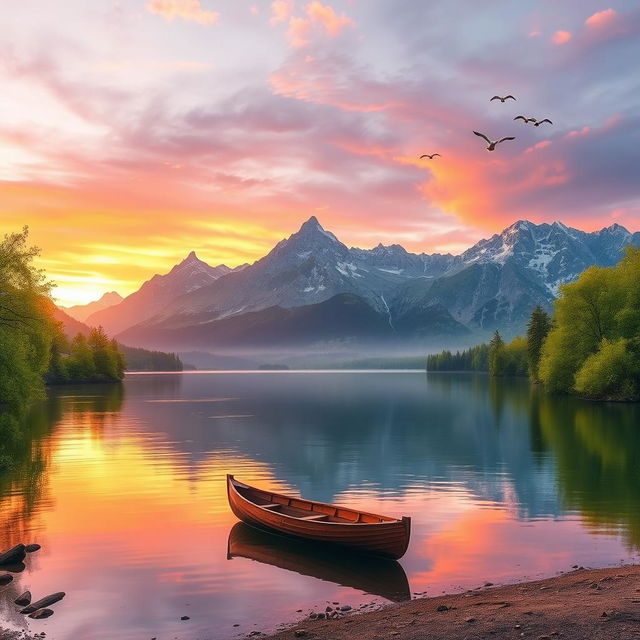 A serene landscape featuring a tranquil lake surrounded by majestic mountains at sunrise