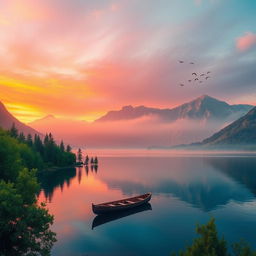 A serene landscape featuring a tranquil lake surrounded by majestic mountains at sunrise