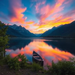 A serene landscape featuring a tranquil lake surrounded by majestic mountains at sunrise