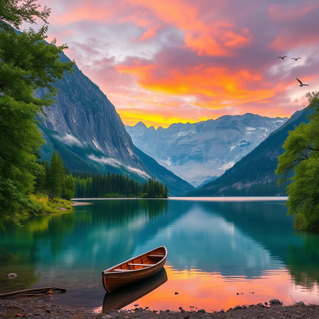 A serene landscape featuring a tranquil lake surrounded by majestic mountains at sunrise