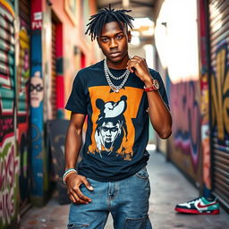 A young Angolan rapper, 22 years old, showcasing his style in urban streetwear, including a bold graphic t-shirt, baggy jeans, and stylish sneakers