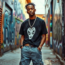 A young Angolan rapper, 22 years old, showcasing his style in urban streetwear, including a bold graphic t-shirt, baggy jeans, and stylish sneakers
