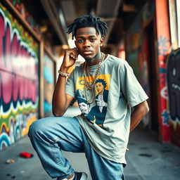 A young Angolan rapper, 22 years old, showcasing his style in urban streetwear, including a bold graphic t-shirt, baggy jeans, and stylish sneakers