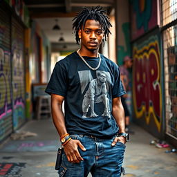 A young Angolan rapper, 22 years old, showcasing his style in urban streetwear, including a bold graphic t-shirt, baggy jeans, and stylish sneakers