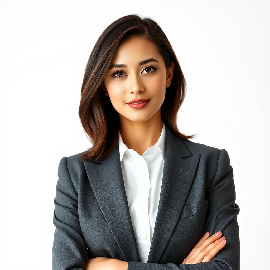 A professional portrait of a woman wearing a tailored business suit, positioned in a 2x2 format