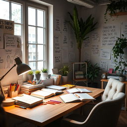 A creative workspace filled with innovative ideas, featuring a stylish desk with a glowing desk lamp, open notebooks, and colorful stationery scattered around