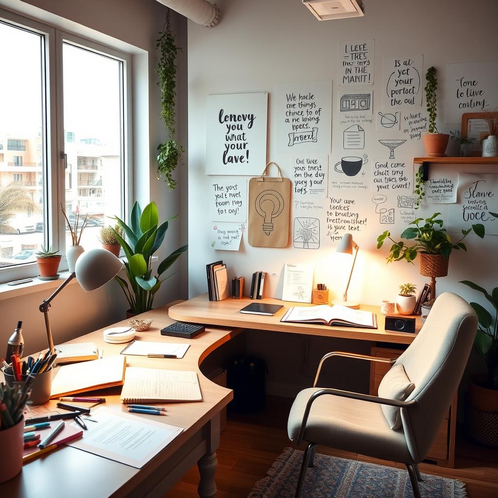 A creative workspace filled with innovative ideas, featuring a stylish desk with a glowing desk lamp, open notebooks, and colorful stationery scattered around