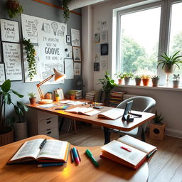 A creative workspace filled with innovative ideas, featuring a stylish desk with a glowing desk lamp, open notebooks, and colorful stationery scattered around