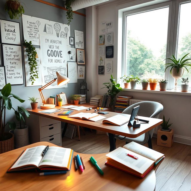 A creative workspace filled with innovative ideas, featuring a stylish desk with a glowing desk lamp, open notebooks, and colorful stationery scattered around
