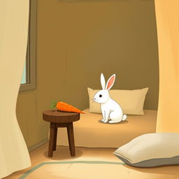 Inside a cozy room, a little white rabbit has awakened, sitting alertly on the bed