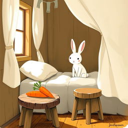 Inside a cozy room, a little white rabbit has awakened, sitting alertly on the bed