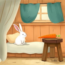 Inside a cozy room, a little white rabbit has awakened, sitting alertly on the bed