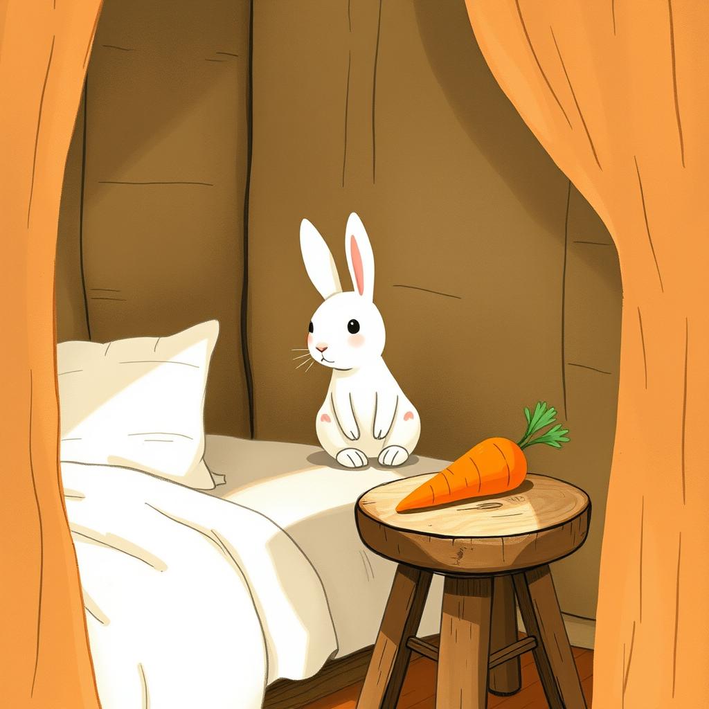 Inside a cozy room, a little white rabbit has awakened, sitting alertly on the bed