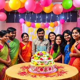 A vibrant birthday celebration scene in an Indian style, featuring a beautifully decorated table with a colorful birthday cake adorned with traditional Indian motifs and fresh flowers