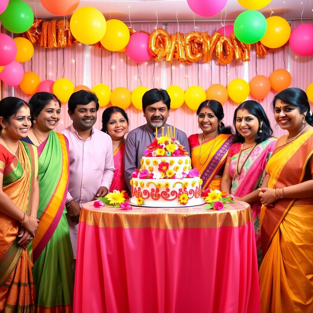 A vibrant birthday celebration scene in an Indian style, featuring a beautifully decorated table with a colorful birthday cake adorned with traditional Indian motifs and fresh flowers