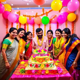 A vibrant birthday celebration scene in an Indian style, featuring a beautifully decorated table with a colorful birthday cake adorned with traditional Indian motifs and fresh flowers