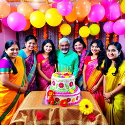 A vibrant birthday celebration scene in an Indian style, featuring a beautifully decorated table with a colorful birthday cake adorned with traditional Indian motifs and fresh flowers