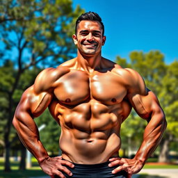 A muscular man standing confidently with a proud smile, showcasing his chiseled physique