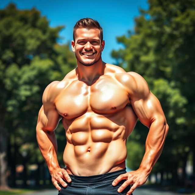 A muscular man standing confidently with a proud smile, showcasing his chiseled physique