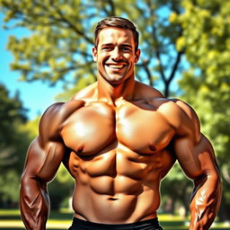 A muscular man standing confidently with a proud smile, showcasing his chiseled physique