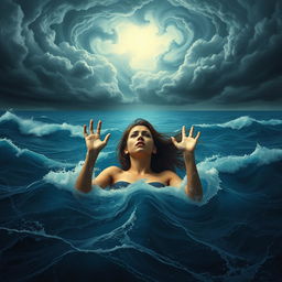 A surreal scene depicting a woman drowning in a vast ocean, representing her overwhelming thoughts and emotions